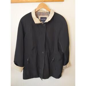NAUTICA Women's Navy Cream Trench Coat Large Plaid Lining Classic Preppy Style
